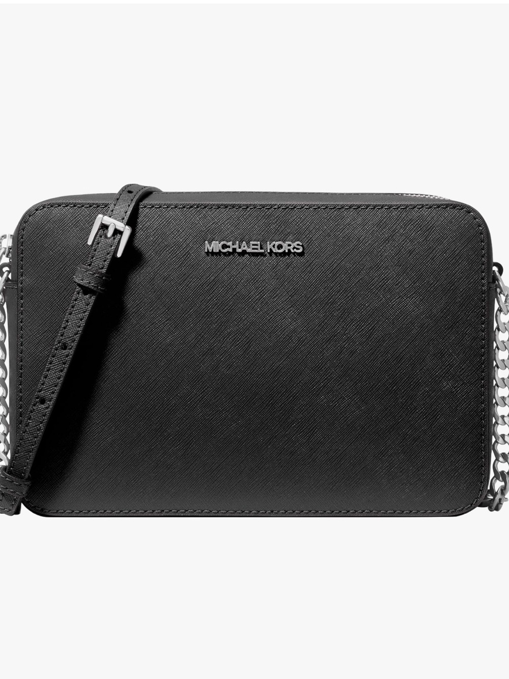 Michael Kors Black Saffiano Leather Crossbody with Silver Chain